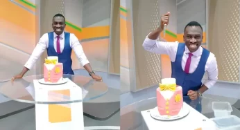 Citizen Tv journalist Trevor Ombija treated to a lovely birthday cake by colleagues